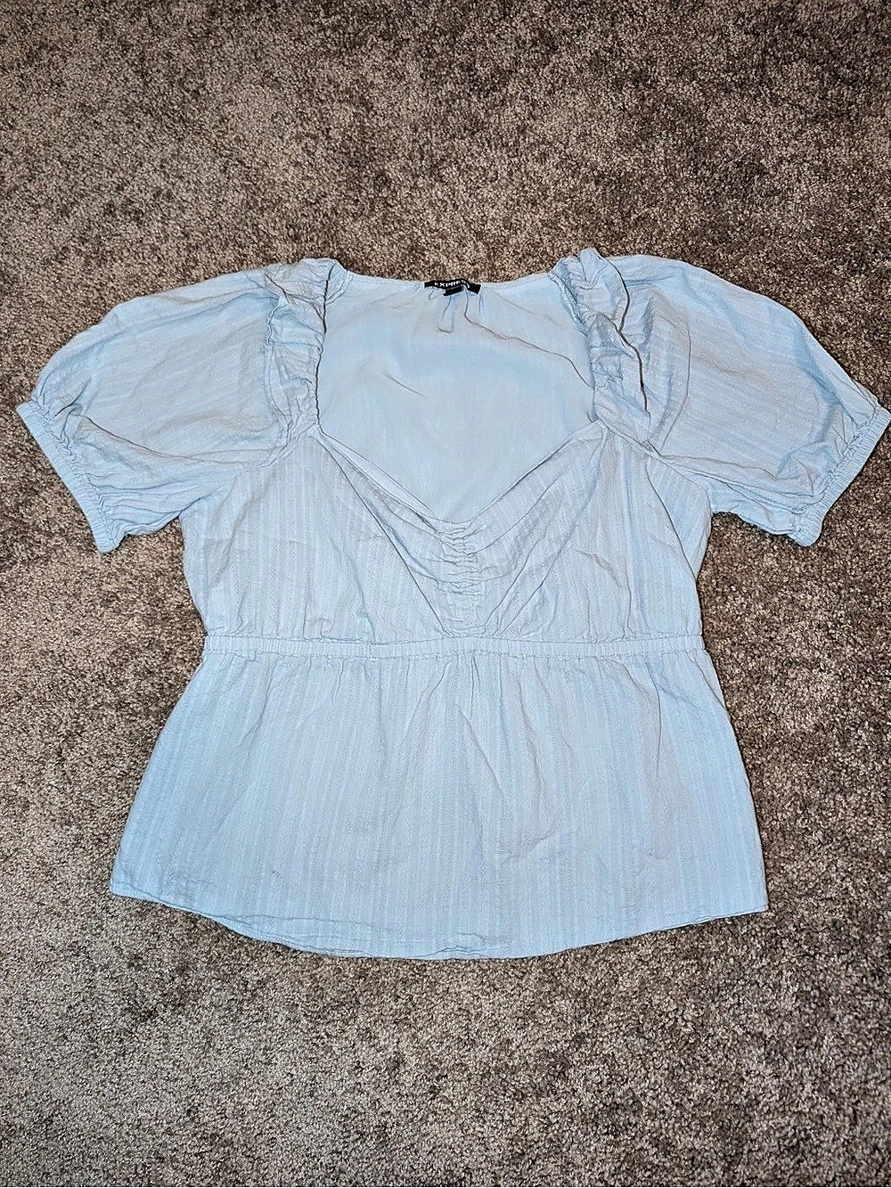 ☘️ Express Puff Sleeve Ruched Peplum Top Blue Size Medium